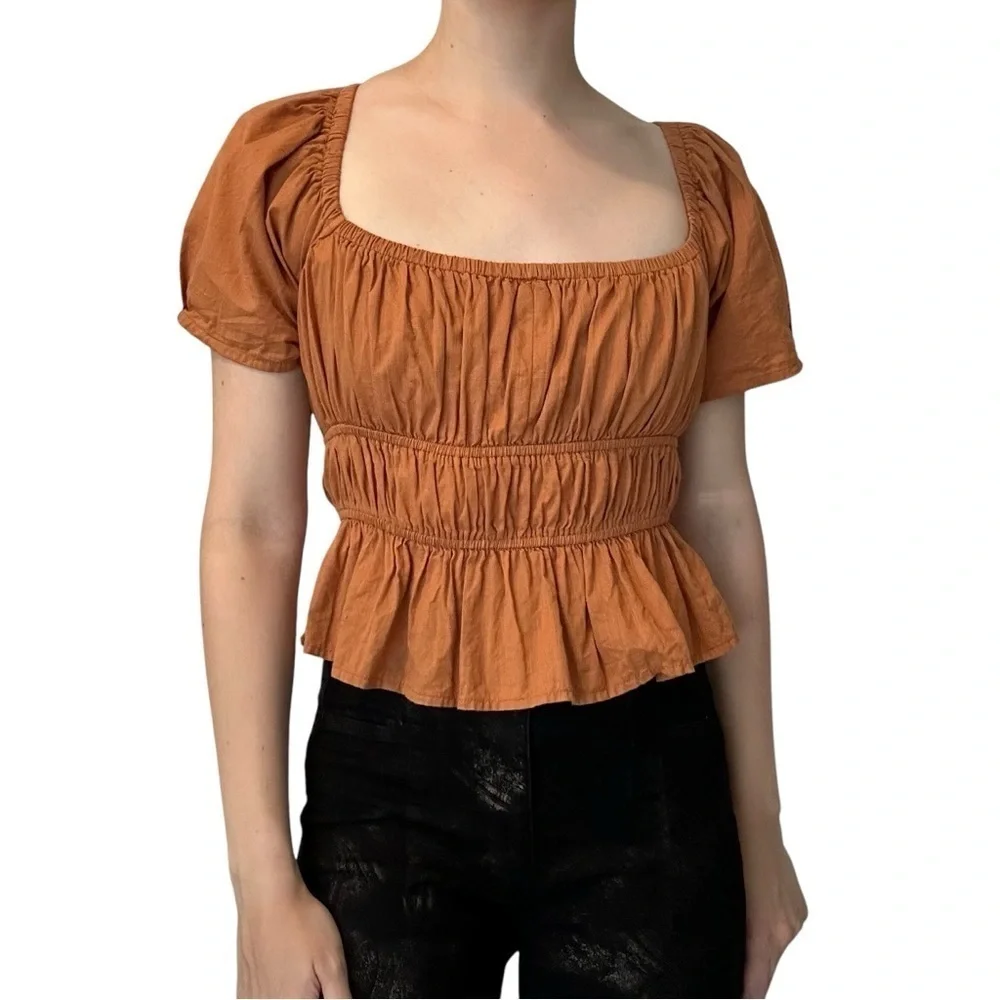Free People Top Cropped Blouse Lace Up Boho Milkmaid Orange Size Extra Small